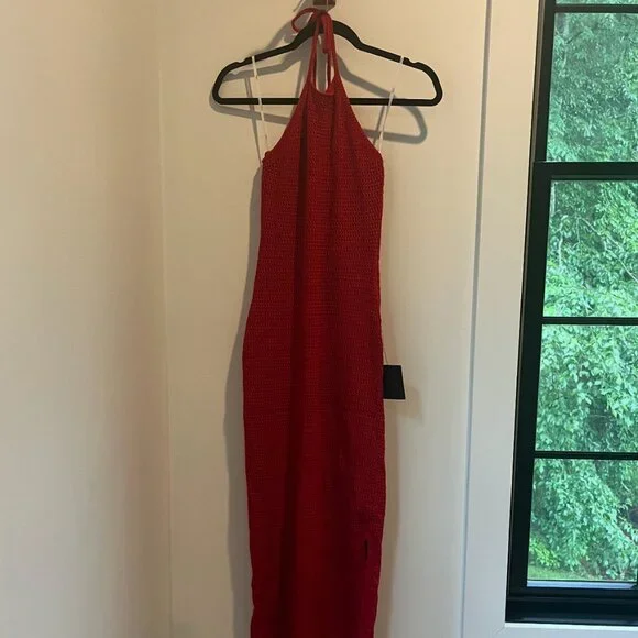 Red Crochet Halter Bodycon Midi Dress - Picture 2 of 3